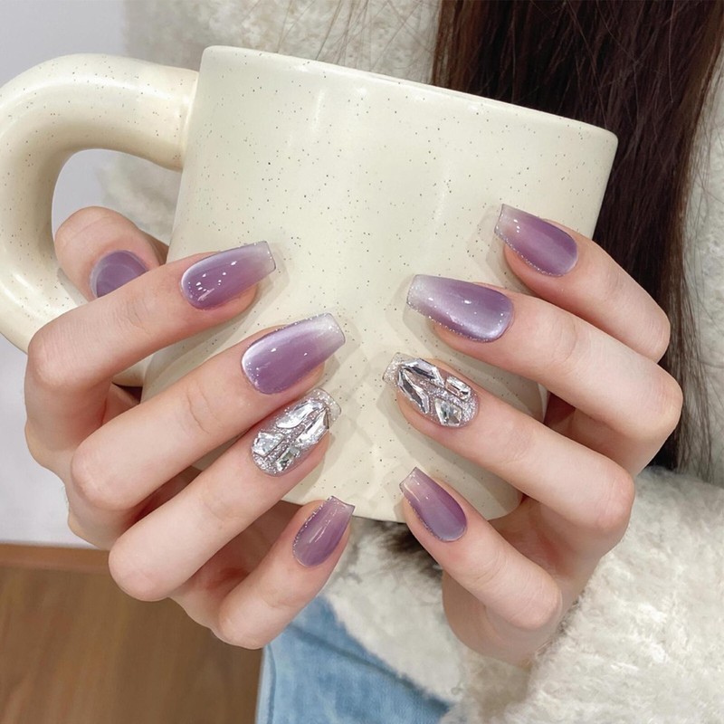 Handmade Purple Cat-eye Chorme Sequins False Nail Coffin Press On Nail Nail Art gallery