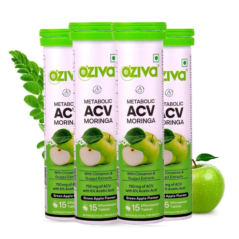 4x OZiva ACV Moringa 15 Effervescent Tablets For Weight Loss & Control Cravings