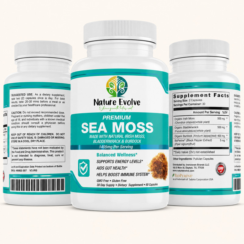 Nature Evolve Premium Sea Moss 1405mg 60 Capsules Gut Health Made in USA gallery