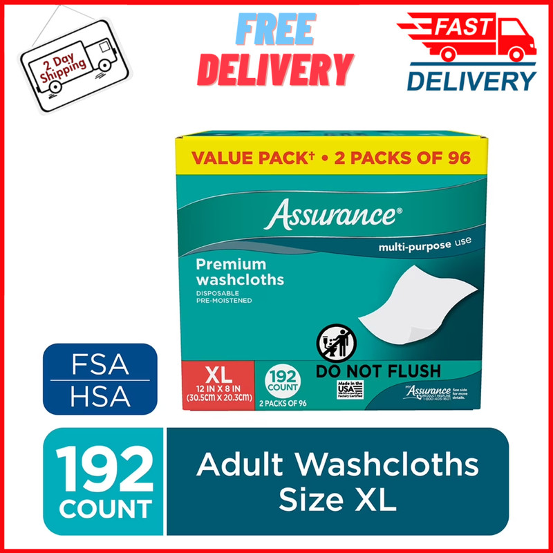 Assurance Premium Disposable Washcloths Pre-Moistened Body Wipes, XL, 192 Ct