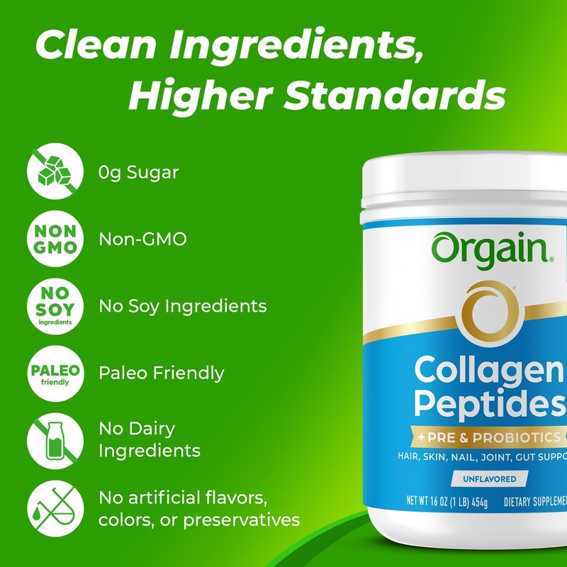 Orgain Hydrolyzed Collagen Peptides + Prebiotic & 1 Pound (Pack of 1), White gallery