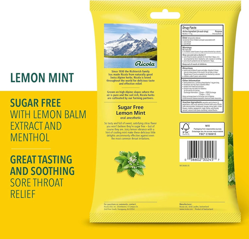 Ricola Sugar Free Lemon Mint Throat Drops, 45 Count, Refreshing Relief From Mino gallery