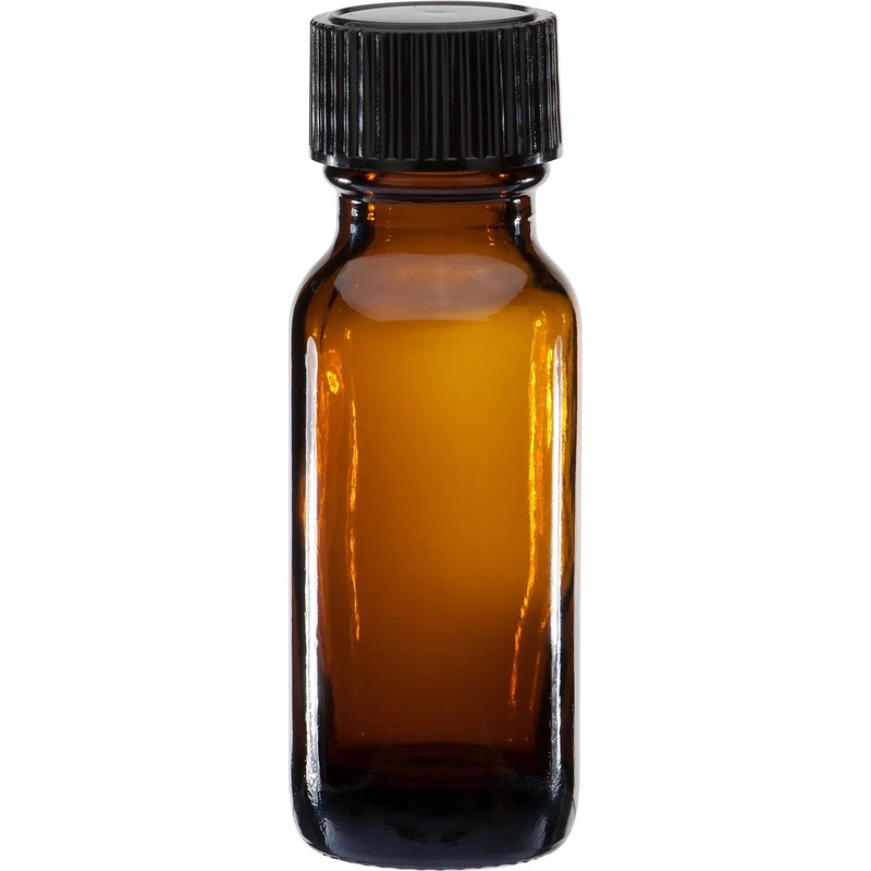 AMBER GLASS Boston Round Bottles 1/2 oz (15 ml) with CAPS (12-24-48 count)