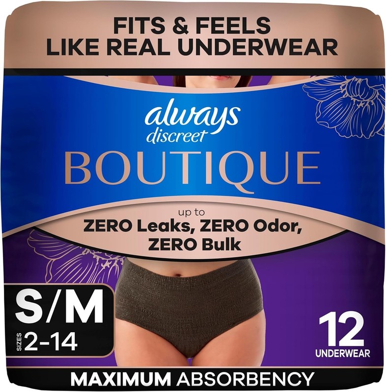 Always Discreet Boutique Incontinence Underwear for Women, Black, S/M-L-XL