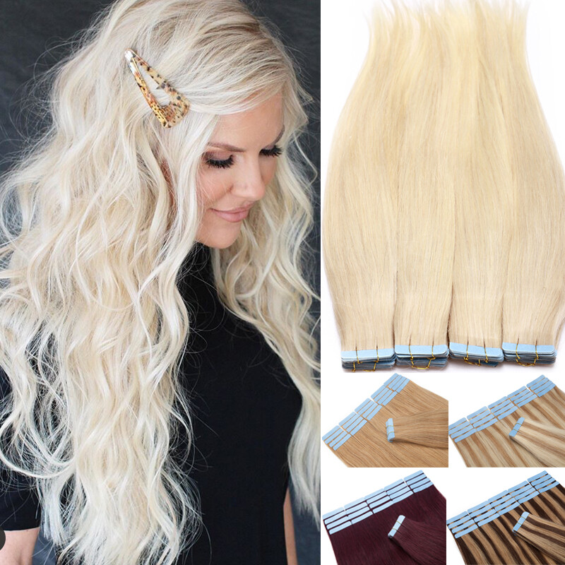 Super Blue Tape Hair 100% Tape In Human Hair Extensions Full Head Skin Weft 150g gallery