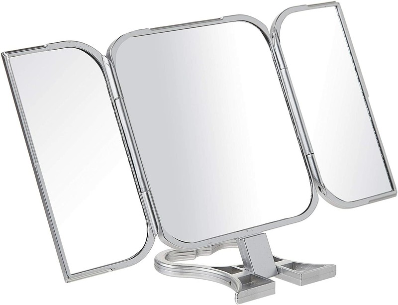 Tri-Fold Mirror Hand Held Heart Shaped Stand Silver Makeup Shaving Hair Travel