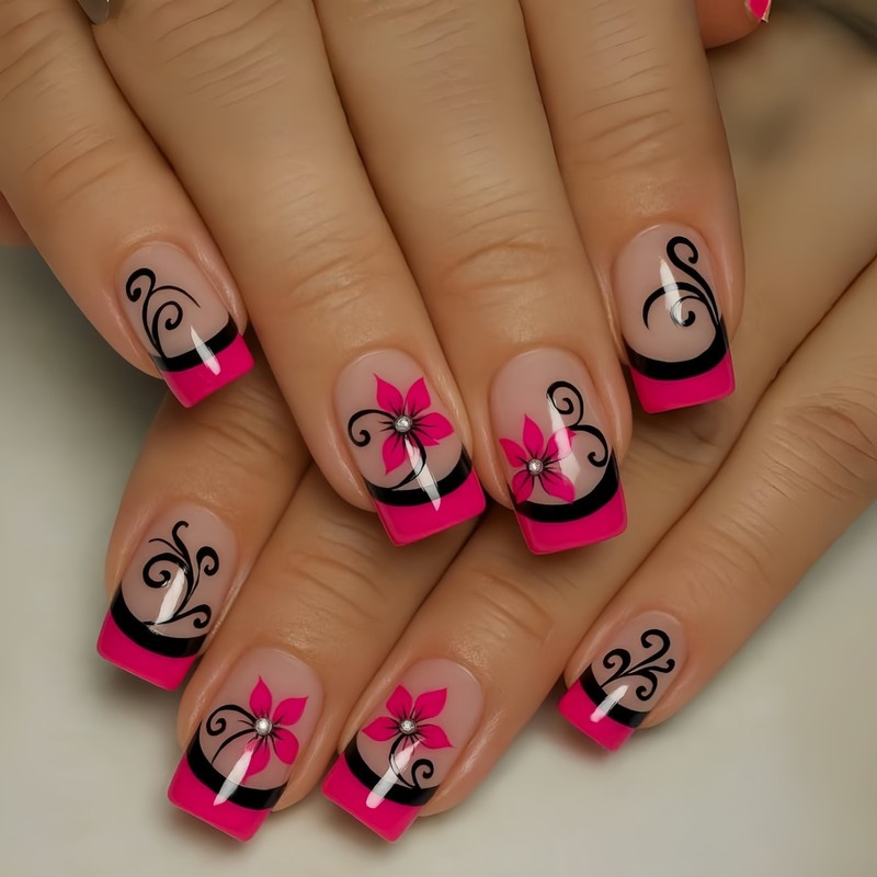 48pcs Press on Nails Pink Black Floral Swirl Square Reusable Glossy Fake Nails