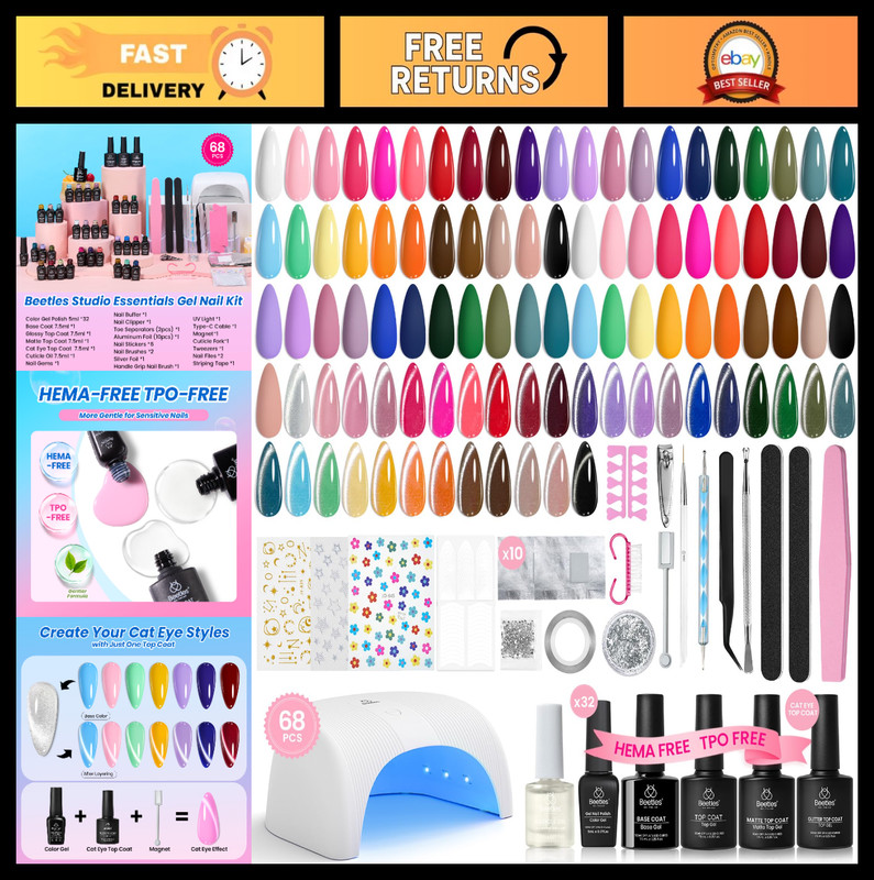 32 Colors Gel Nail Polish Kit with UV Light – 68 Pcs DIY Nail Art Tools, HEMA Fr