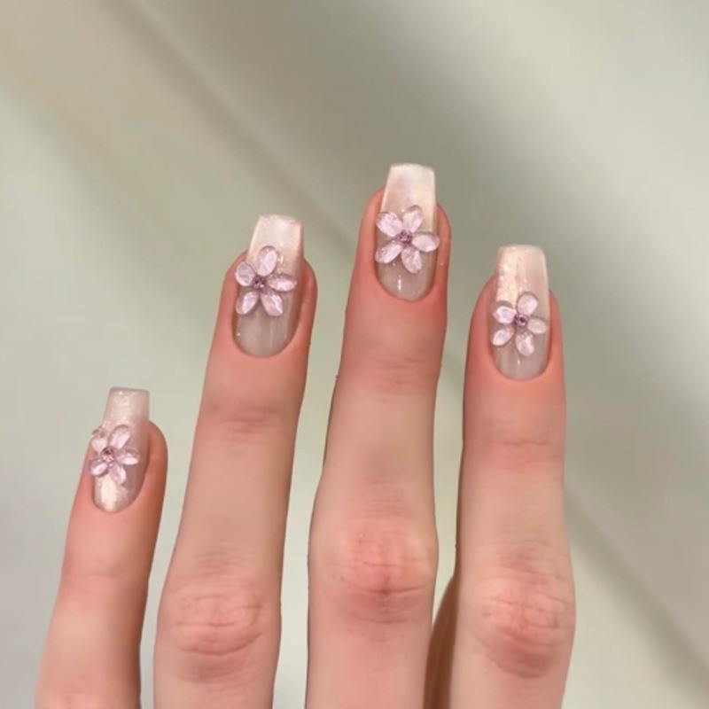 48Pcs-Pearlescent Pink 3D Flower Square Press on Nails Elegant Fake Nails Set