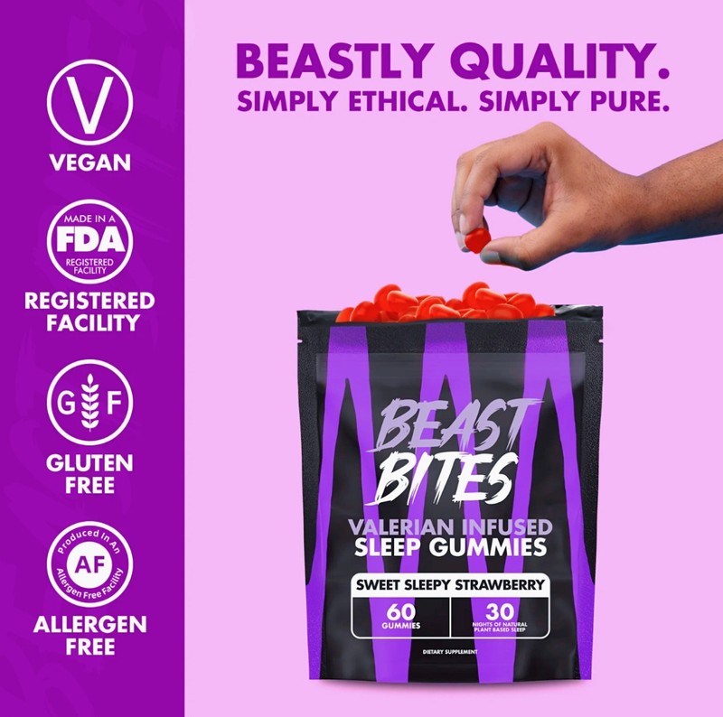 3 packs Beast Bites Valerian Sleep Gummies 5-HTP GABA L-Theanine Made in USA 30 gallery