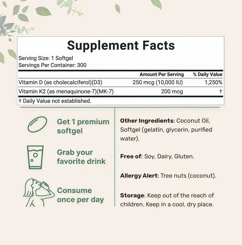2 PCS Vitamin D3 10000 iu Plus K2 (MK-7) 200 mcg,300 Virgin Coconut Oil Softgels gallery
