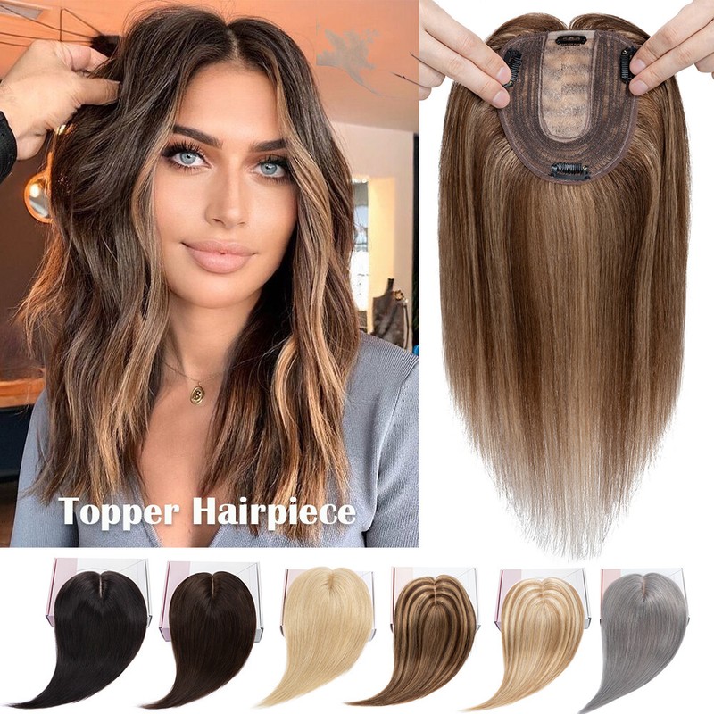 100% Remy Human Hair Women Topper Top Hairpiece Clip In Silk Base Toupee Wig Icy