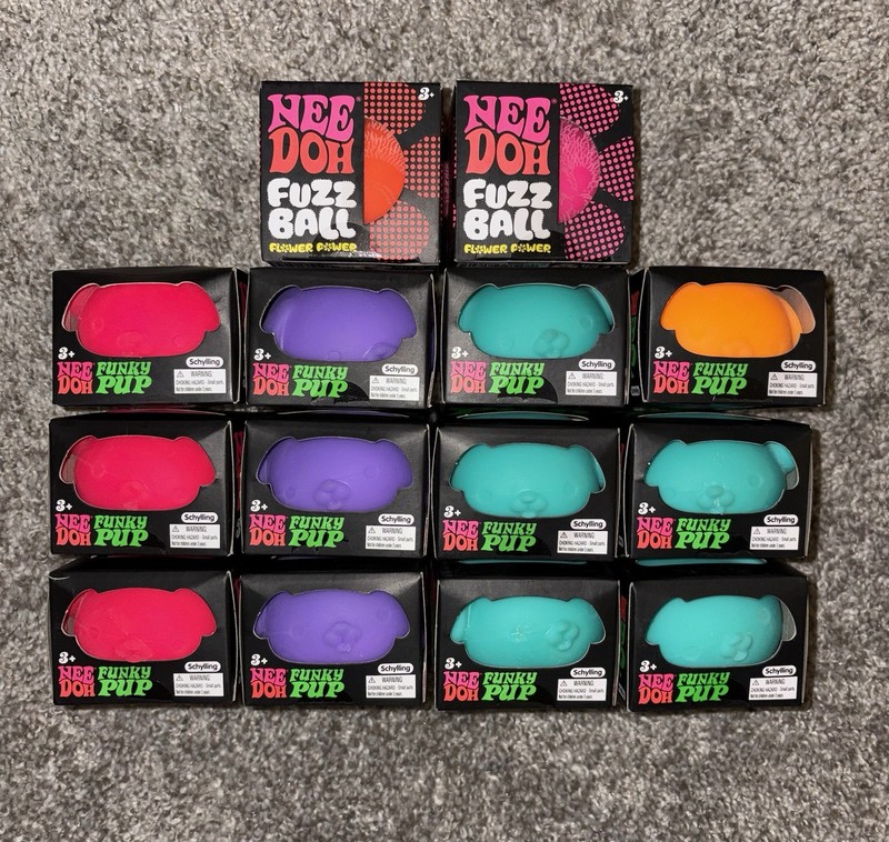 Nee Doh – Funky Pup X12 & Fuzz Ball X2 – Pink, Orange, Blue, Purple – Schylling