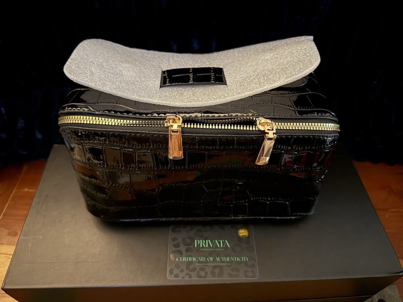 PRIVATA Black Faux Leather Croc-Embossed Zip Makeup Bag w/ authenticity card gallery