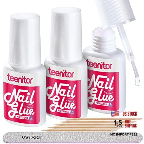 Nail Glue for Press Ons Pack Best Nail Glue for Gel Tips with Nail Files, 3