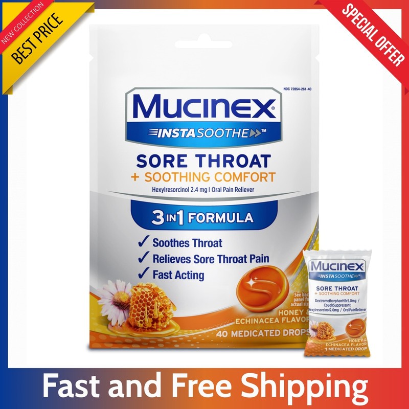 Mucinex Sore Throat Relief Drops – InstaSoothe Lozenges Honey Echinacea 40 Count
