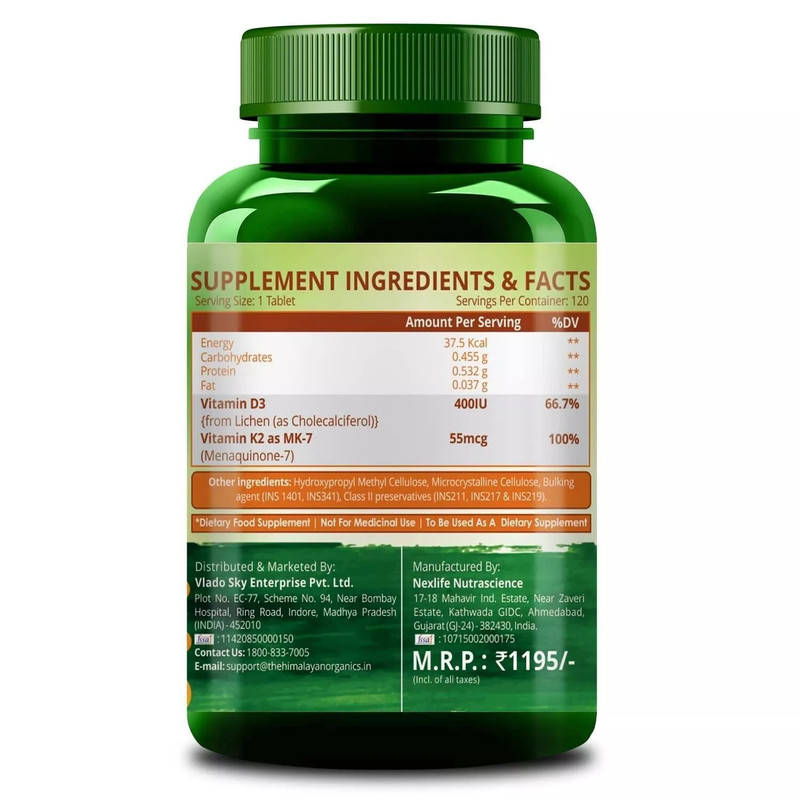 Himalayan Organics Vitamin D3 600IU with K2 as MK7 supplement (120 Veg Tablets) gallery