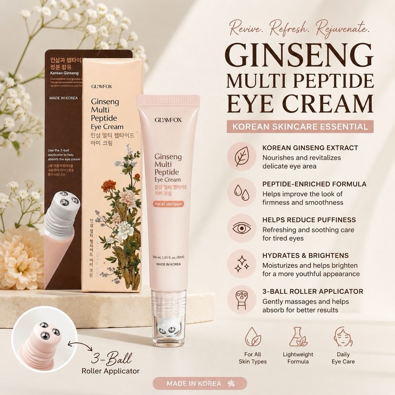 GLAMFOX Ginseng Multi-Peptide Eye Cream w/3 Ball Roller Applicator 1.01 Oz New
