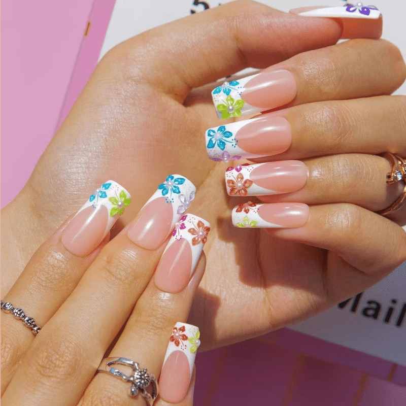 48Pcs Long Trapezoid Nails, French Floral Design, Fresh Vacation Manicure