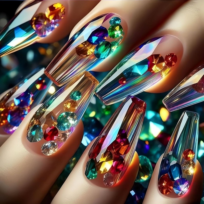 48pcs Long Coffin Press on Nail Colorful Gradient Full Cover Reusable False Nail