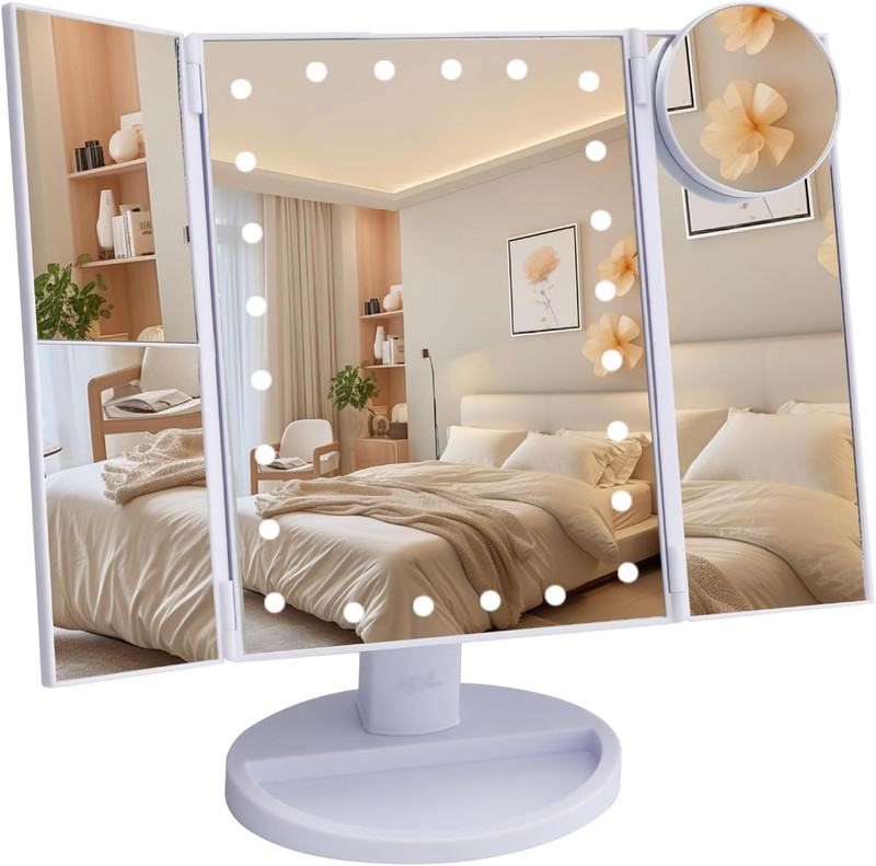 Ms. Pen- Tri-Fold Makeup Mirror Vanity with Lights, 9″ X 13.6″, 1X/2X/3X/10X Mag