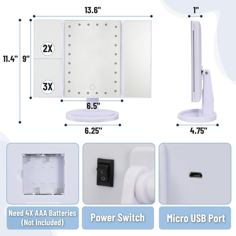 Ms. Pen- Tri-Fold Makeup Mirror Vanity with Lights, 9" X 13.6", 1X/2X/3X/10X Mag gallery
