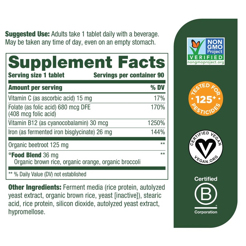 MegaFood Blood Builder 90 Tabs - Energy, Iron, Vitamins C, B12, Folic Acid gallery
