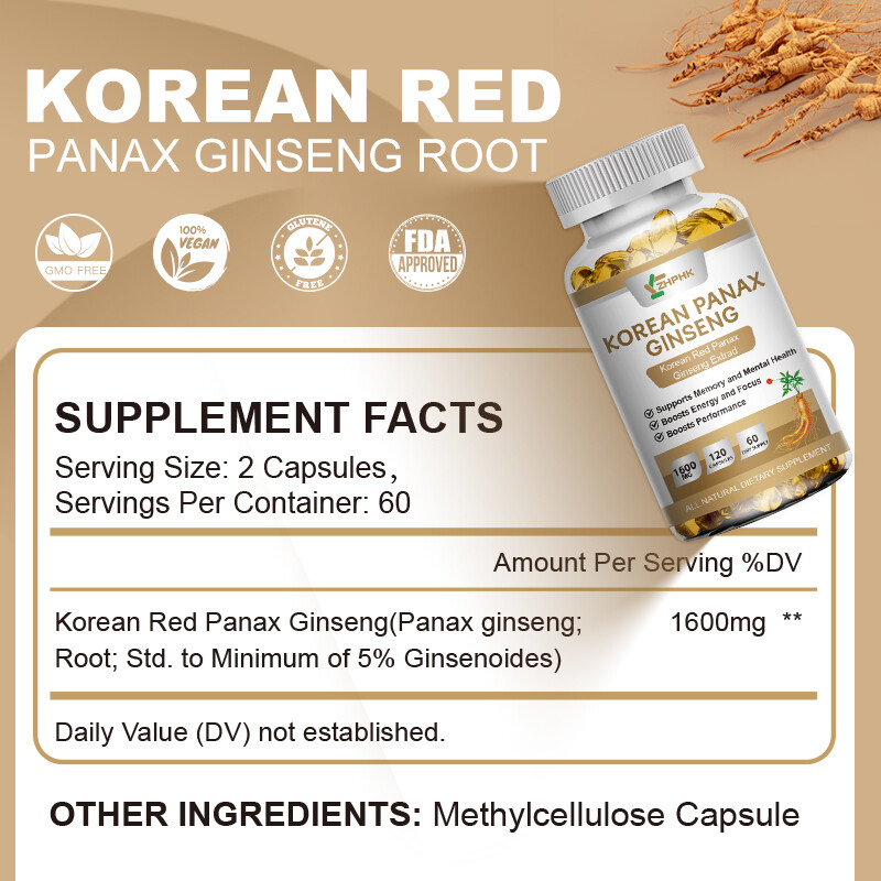 Korean Panax Ginseng 1600mg 120 Capsules - Extra Strength NON-GMO & Gluten-Free gallery