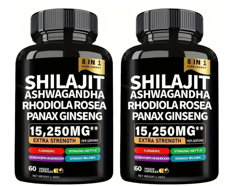 2 Pcs Shilajit, Ashwagandha, Rhodiola Rosea, Panax Ginseng; 8 in 1 Supplement