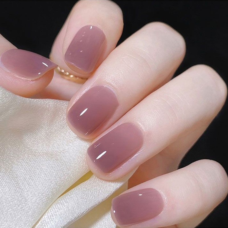 48Pcs-Nude Pink Jelly Press on Nails Short Square Nail Art Set Reusable Handmade