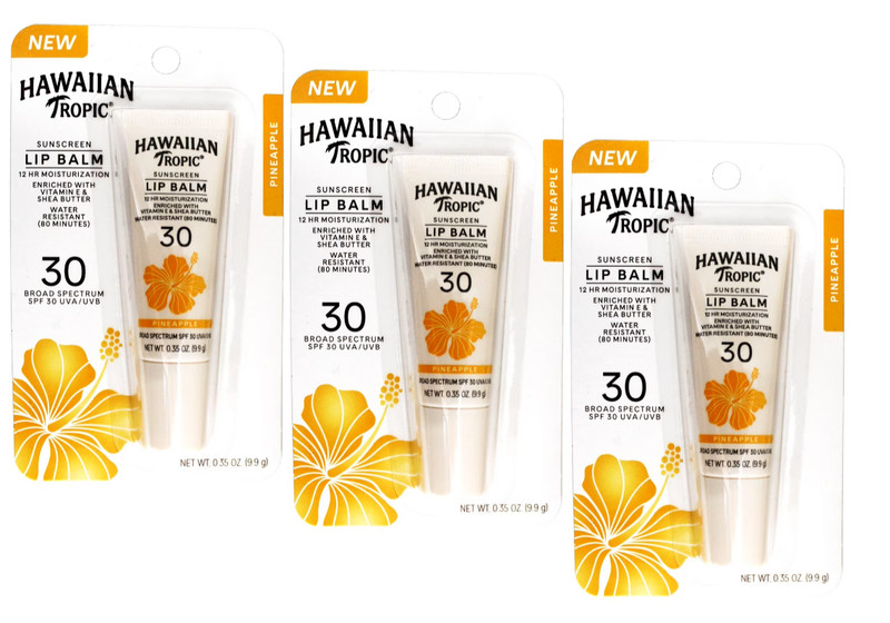 3 Tubes HAWAIIAN TROPIC LIP BALM SPF30 PINEAPPLE 0.35 oz ea. EXP 04/27 SEALED
