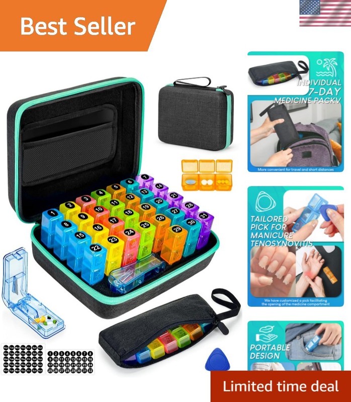 Compact Monthly Pill Organizer 3 Times a Day with V-Shaped Cutter & Stickers