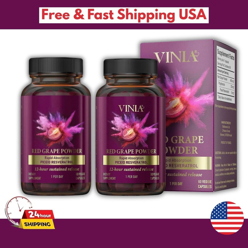 2 Vinia Red Grape Powder Rapid Absorbtion Package Resveratrol 60 Capsules Piceid