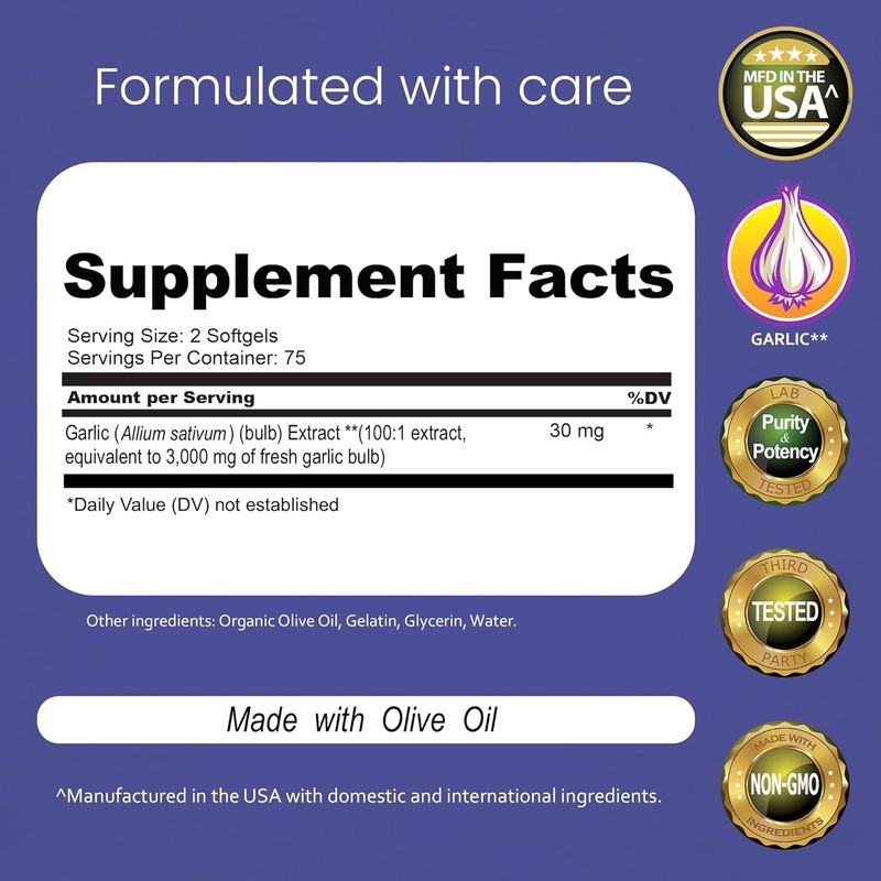 GMP-Certified Odorless Garlic Softgels with Olive Oil - 150 Gluten-Free Capsules gallery