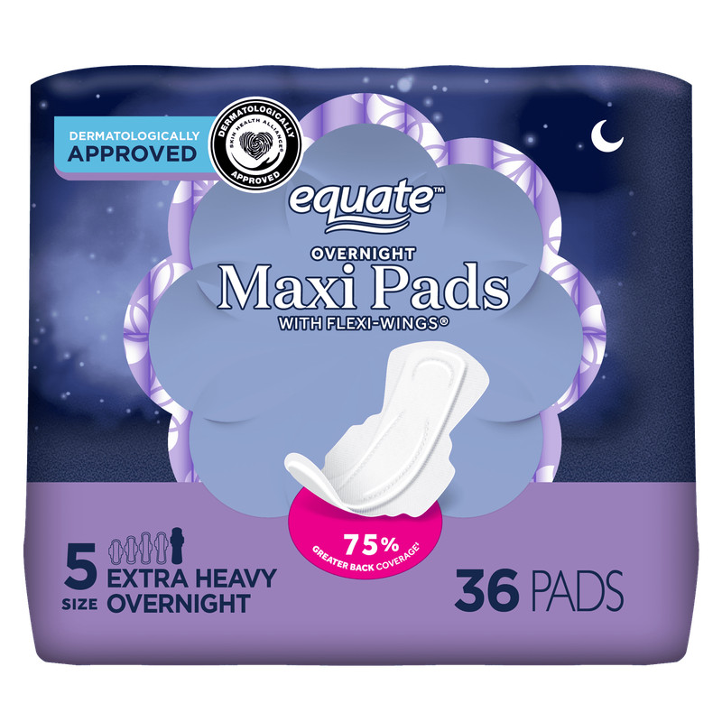 Equate Overnight Maxi Pads with Wings, Size 5, Extra Heavy Protection, 36 Count