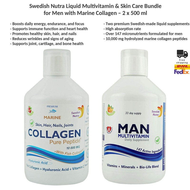 Swedish Nutra Multivitamin & Marine Collagen Skin Care Bundle for Men 2x500ml