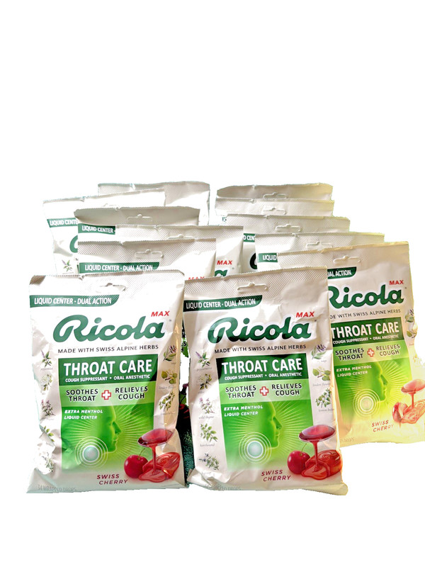 (12) Ricola Max Throat Care Cough Suppressant Drops Swiss Cherry 34ct x 12 bags