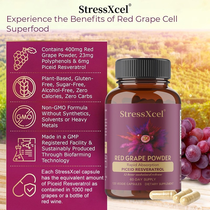 StressXcel Red Grape Extract 400mg and Resveratrol Supplement 120 Veggie Capsule gallery