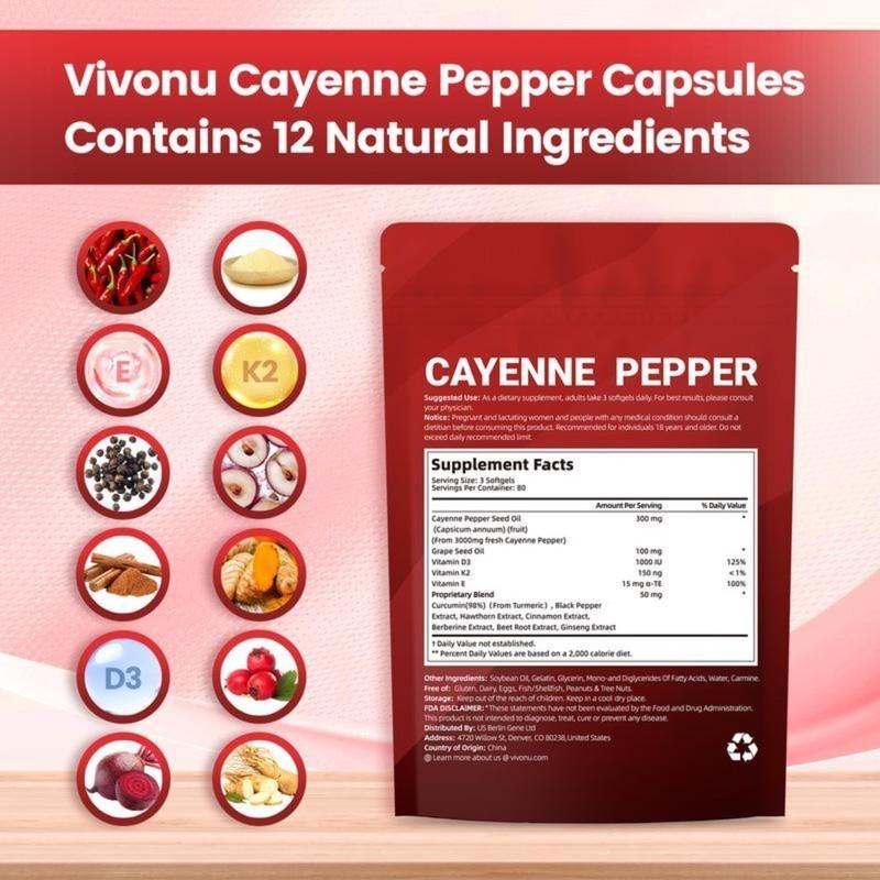 VIVONU Cayenne Pepper 240 Softgels, Heart & Vascular Health Supplement NEW gallery